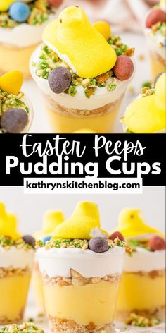 several desserts with yellow frosting and peeps on top are shown in this collage