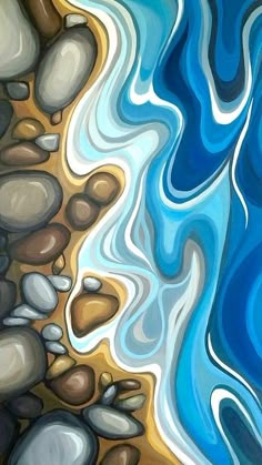 an abstract painting with rocks and water