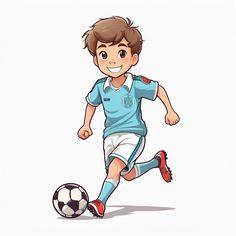 a young boy kicking a soccer ball on a white background