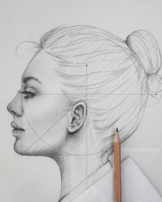 a pencil drawing of a woman's face with the lines drawn to her side