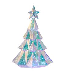 a glass christmas tree with stars on top