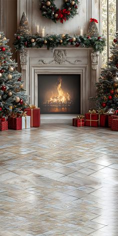 a living room decorated for christmas with presents around the fire place and wreaths on the mantel