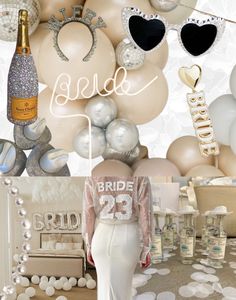 a collage of photos with champagne, balloons and bridal items