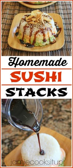 homemade sushi stacks with sauce being drizzled on them