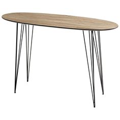 an oval table with hairpint legs and a wooden top, against a white background