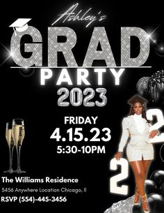 a flyer for a graduation party with an image of a woman in white dress and champagne glasses