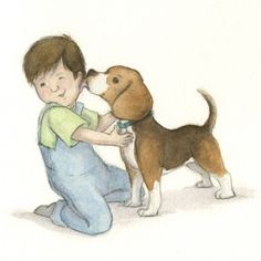 a boy sitting on the ground petting a brown and white dog's head