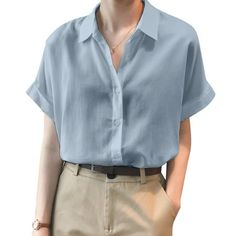 Blue Short Sleeve Shirt Outfit, Blue Button Up Shirt Outfit, Short Sleeve Shirt Outfit, Collar Outfits, Women Fall Tops, Half Shirt, Blue Button Up Shirt, Half Shirts, Shirt Illustration