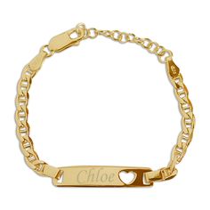 Children's 14K gold plated (over sterling silver) ID bracelet with cut-out heart for baby girls, toddlers, kids, and children.  This includes FREE engraving on one side.   Unique personalized gift for her special occasion that will be treasured for years to come.  This is a durable quality bracelet, created with an Italian designer to be classic and on trend.  Comes in a nice gift box ready for gifting. (Engraving plate measures 6.4 x 28mm) * 14K Gold Plated (over sterling silver...made with all precious metals) is treated with anti-tarnish finish to keep bracelet looking great for years. * Engraving available on front (FREE) up to 8 characters.     Add back engraving for a special touch (up to 7 characters) * Each bracelet has a grow-with-me extension chain for a perfect fit.  Please see Personalized Heart-shaped Yellow Gold Bracelet, Personalized Yellow Gold Bracelet For Valentine's Day, Personalized Heart-shaped Gold Bracelet, Gold Bracelet With Heart Charm For Birthday, Gold Bracelets With Heart Charm For Birthday, Personalized Yellow Gold Heart Bracelet For Valentine's Day, Gold Engraved Heart Name Bracelet, Engraved Gold Heart Name Bracelet, Gold Heart Bracelet For Birthday