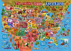 an illustrated map of the united states with animals and other things on it's sides