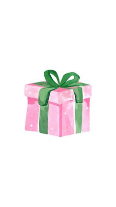 a pink gift box with a green bow on it's top and stars around the ribbon