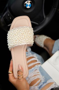 Shop Nude Faux Pearl Slip On Sandals at MISSLOLA.COM Miss Lola, Slip On Sandals, Girly Shoes, Embellished Sandals, Shoe Game, Cute Shoes, Slide Sandals, Wedding Shoes, Slip On Sandal