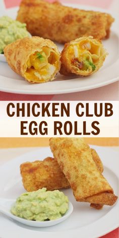 chicken club egg rolls with guacamole sauce on the side and an egg roll cut in half