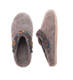 Hand Felted Slipper XS (6-6.5), S (7-7.5), M (8-8.5), L (8.5-9), XL (10-10.5) | Hand felted and hand embroidered by artisans in Nepal these slippers are a sweet addition to anyone's home attire. Copper beading is stitched into the embroidery to add a beautiful jewel like appearance. | 1-800-Flowers Apparel Accessories Footwear Delivery Gray Jeweled Cuff Slipper Jeweled Cuff Slipper Xl Gray Felted Slippers, Hand Felted, Delivery Gifts, 5 S, 1 800, Flower Gift, Slide Slipper, Nepal, Hand Embroidered