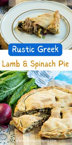 rustic greek lamb and spinach pie with text overlay