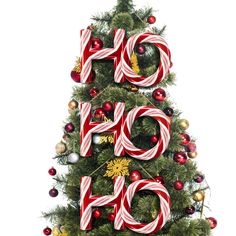 a christmas tree decorated with candy canes and the word hope spelled in large letters