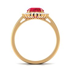 Product Details This exquisite cocktail ring is adorned a created ruby gemstone set in claw setting, surrounded by a dazzling halo of sparkling baguette and round shape Diamond stones. The deep red hue of the simulated ruby is beautifully enhanced by the bright and brilliant Diamond stones, creating a captivating and glamorous effect. This ring is the perfect statement piece for those who appreciate the unique beauty and sophistication of created ruby and Diamond, and want to add a touch of elegance and luxury to their jewelry collection. Make heads turn with this exquisite cocktail ring on your finger. Product Information SKU SHP-RINGS082216874 Width 12.5 mm Height 5 mm Weight 2.32 gm (Approximate) LAB CREATED RUBY INFORMATION No.of Stones 1 Pieces Total Weight 1.30 Carat (Approximate) Di Luxury Lab-created Red Ruby Ring, Ruby Cocktail, Claw Setting, Ring With Diamond, 18k Yellow Gold Ring, Unique Beauty, Ruby Gemstone, Diamond Halo, Brilliant Diamond