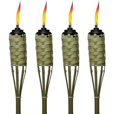 four bamboo torches with red flames burning in the top one on each side and another on the bottom