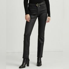 Black High-Rise Skinny Ankle Super Stretch Jeans By Ralph Lauren - Features: Zip Fly With Signature Button Closure Belt Loops Five-Pocket Styling With Signature Metal Rivets Signature Debossed Leather Patch At The Back Right Waist High Rise Skinny Through The Hip And Thigh With Skinny Leg Slimming Interior Panel Lifts And Shapes - Size: 2 (Waist 26) - Color: Black - Condition: New With Tags - Materials: 93% Cotton, 6% Polyester - Approx. Measurements Laying Flat: Waist: 14" Rise: 10" Inseam: 26. Ralph Lauren Chic Fitted Bottoms, Chic Fitted Ralph Lauren Bottoms, Fitted Ralph Lauren Bottoms For Fall, Chic Ralph Lauren Straight Leg Bottoms, Ralph Lauren Chic Spring Pants, Chic Ralph Lauren Spring Pants, Ralph Lauren Pants For Workwear, Chic Ralph Lauren Workwear Bottoms, Chic Ralph Lauren Bottoms For Workwear