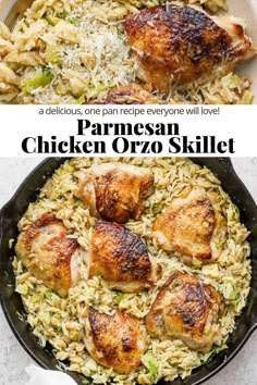 chicken and rice skillet with text overlay that says panresan chicken orzo skillet