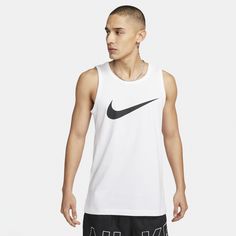 Go sleeveless with the Swoosh. Soft cotton and ribbed trim keep you comfortable, wherever your journey takes you. White Dri-fit Athleisure Activewear, White Cotton Sporty Tank Top, White Moisture-wicking Cotton Tank Top, White Dri-fit Activewear For Gym, White Athleisure Tank Top For Streetwear, Basic White Tank Top For Gym, White Basic Tank Top For Gym, White Sportswear Tank Top For Streetwear, White Sleeveless Cotton Activewear