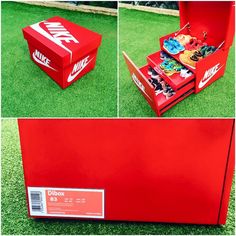 a red nike shoe box with shoes in it on the grass, and two pictures of its contents