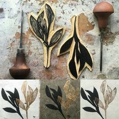 three different types of wood carving with leaves on them