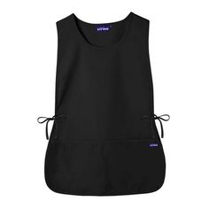 a black apron that is tied up to the side and has purple lettering on it