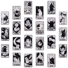 many different black and white images of cats in the style of taroti cards