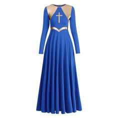 a blue dress with gold trims and a cross on the chest