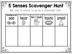 the five senses scavenger hunt is shown in black and white with stars on it