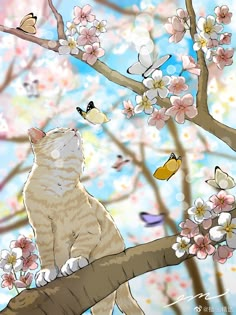 a cat sitting on top of a tree branch with lots of butterflies flying around it