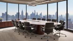 an empty conference room with large windows overlooking the city