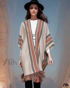 Zlily - Long Tassel Shawl Outerwear with Loose Fit Knitted Cardigan Fringe Shawl Cardigan For Fall, Winter Shawl Knitted Cardigan, Beige Fringe Cardigan For Spring, Spring Beige Fringe Cardigan, Winter Shawl With Tassels, Winter Shawl Knit Cardigan, Spring Fringe Shawl Outerwear, Casual Winter Poncho With Tassels, Long Winter Outerwear With Tassels