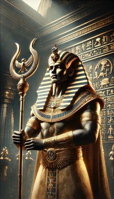 an egyptian pharaoh statue holding a staff