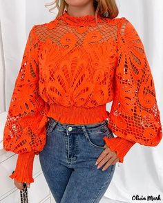 Color: orange, Size: XL Crop Top Elegante, Crop Pattern, Lingerie Design, Blouse Size Chart, Ruffle Collar Blouse, Lantern Sleeved Blouses, Cropped Blouse, Corset Crop Top, Lace Short