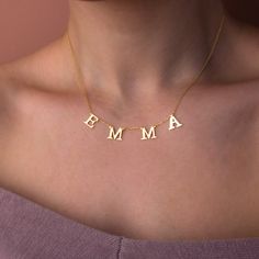 Stylish and minimalist 14K gold handmade spaced letter necklace for everyday wear. Great for layering.  Unique personalized gift idea to show love to the important people in your life with a cute, dainty, and creative gift. The personalized initial name necklace makes a perfect birthday gift for mothers, friends or yourself.  A special anniversary gift for significant others. Just engrave his/her name. It is a perfect gift. It can be dressed up or dressed down depending on the situation. We only Customized Minimalist Name Necklace, Everyday Minimalist Customized Charm Necklaces, Minimalist Initial Necklace For Birthday, Handmade Minimalist Initial Necklace As Personalized Gift, Handmade Minimalist Initial Necklace For Personalized Gift, Minimalist Initial Pendant Name Necklace For Birthday, Minimalist Letter Beads Name Necklace As Gift, Gold Letter Name Necklace In Minimalist Style, Gold Minimalist Letter Name Necklace