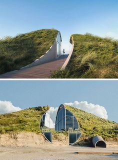 two pictures one with an open door and the other with a walkway leading to a grassy hill