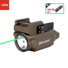 a green laser light is shown on the side of a white background with an advertise