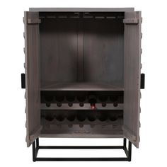 an open cabinet with wine bottles in it