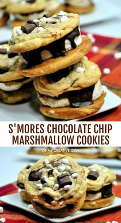 s'mores chocolate chip marshmallow cookies stacked on top of each other