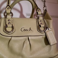 Coach Bag K1049 F15445 Can Be Worn As Shoulder Bag Or Hand Bag Gorgeous Key Lime Green Leather Bag Is In Excellent Condition Inside Is Like New There's A Couple Tiny Areas On The Outside The I Took P Iij Pictures Of. They Are Small Not Noticable. They Can Be Cleaned If You Prefer Buy Your Cleaners With The Appropriate Leather Cleaner From A Smoke Free Home. Green Leather Bag, Coach Leather Bag, Grey Shoulder Bag, Suede Purse, Tan Handbags, Coach Tote Bags, Leather Cleaner, Pad Bag, Leather Cross Body Bag