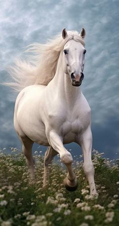 a white horse is galloping through the grass in front of blue sky and clouds