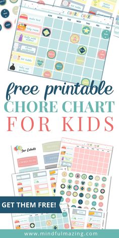 the free printable chore chart for kids is shown with text overlays