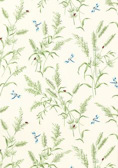 a white wallpaper with green and blue flowers