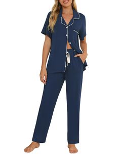 PRICES MAY VARY. 【Soft Pajamas For Women】This women's pajama set is made of soft viscose fabric, which is lightweight, breathable, stretchy, and comfortable, keeping you easeful while sleeping at night. 【Two-Piece Pjs Set】This sleep sets features a full button down shirt that is easy to get on and off, this great feature also makes it perfect for nursing your newborn at home or in the hospital. 【Button Up Pajamas Set】Short sleeve button front top with contrast piping, one chest pockets, notch collar.Elastic Waist Long Pant have an elastic waist and two pockets, make you relaxing as comfortable as possible. And comfy pajama set will keep you from daily stresses and provide you with a soft and comfortable night. 【Perfect as a Gift Pajamas】Perfect Gift Choice for Your Girlfriend, Wife, Mother Soft Pjs, Sleep Sets, Button Up Pajamas, Pjs Set, Women Pajamas, Soft Pajamas, Womens Pyjama Sets, Matching Pajamas, Contrast Piping