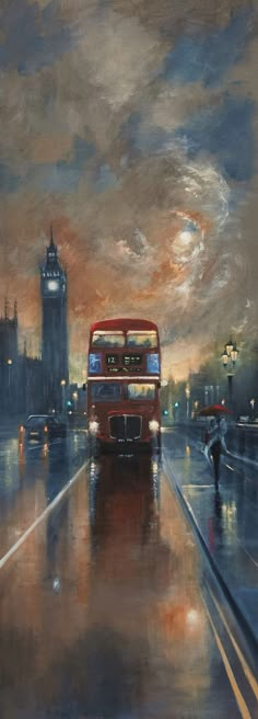 a painting of a red double decker bus driving down the street in the rain at night