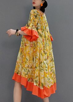 Fashion Orange V Neck Wrinkled Print Chiffon Dress Flare Sleeve Shirt Dress Fall, Fall Fashion Dresses, Neck Wrinkles, Print Chiffon Dress, Cotton Outfit, Long Knitted Dress, Womens Fall Dress, Tunic Pattern, Floral Dresses Long