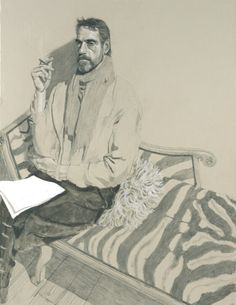 a pencil drawing of a man sitting on a couch with a book in his hand