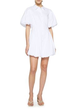 A bubble silhouette brings personality and an on-trend look to a short, shaped shirtdress. 34" length Spread collar Elbow-length sleeves Lined 60% cotton, 40% polyester Dry clean Imported Spring Voluminous Short Sleeve Puff Dress, Voluminous Puff Sleeve Dress For Summer Daywear, Voluminous Puff Sleeve Mini Dress For Summer, White Cotton Mini Dress With Gathered Sleeves, Cotton Balloon Sleeve Fitted Mini Dress, Voluminous Balloon Sleeve Mini Dress For Summer, Cotton Balloon Sleeve Mini Dress, Puff Sleeve Shirt Dress For Daywear, Cotton Mini Dress With Gathered Sleeves For Daywear